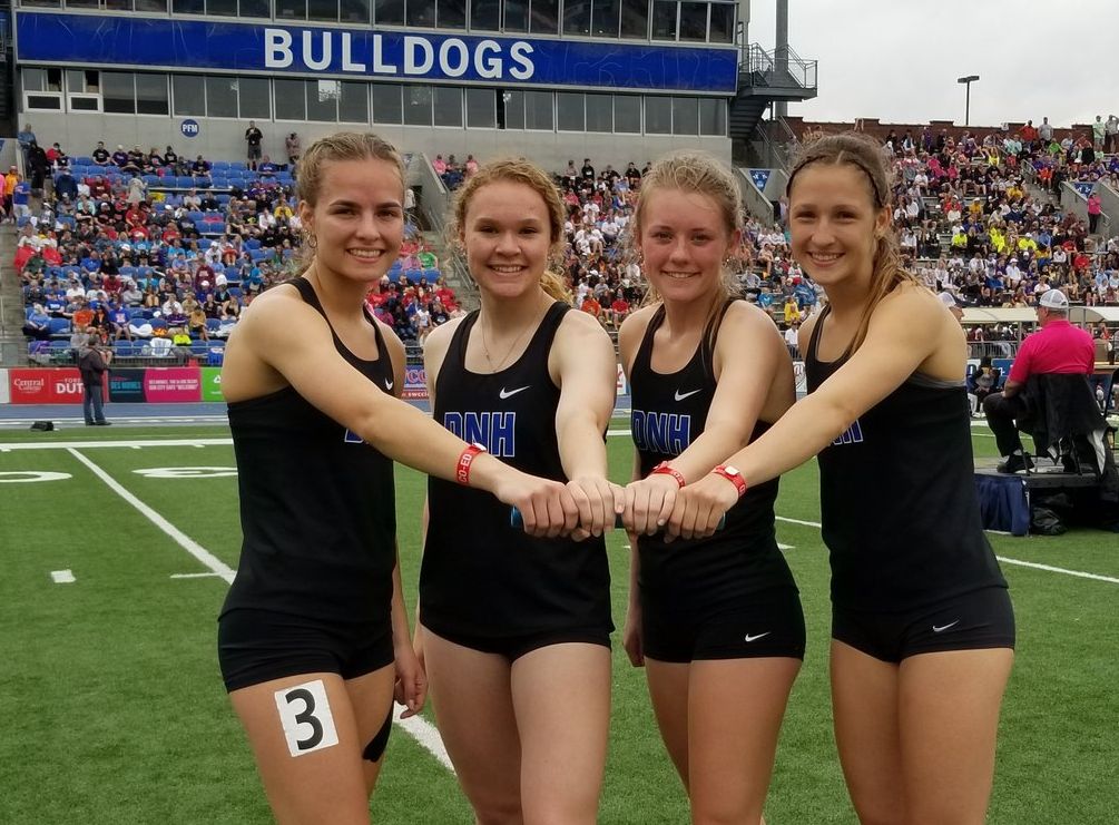 Eden Barrett, Shelby Ohrt, Jadyn Bennett and Alexis Jensen won a state title in the girls 2A 4x200 relay at Drake Stadium in 2021. (Jake Ryder photo)