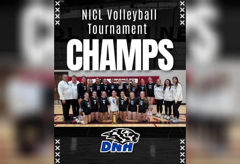 Dike-New Hartford Volleyball Team and Coaches after winning the 2026 NICL Tournament Championship. (Photo Courtesy of DNH School)