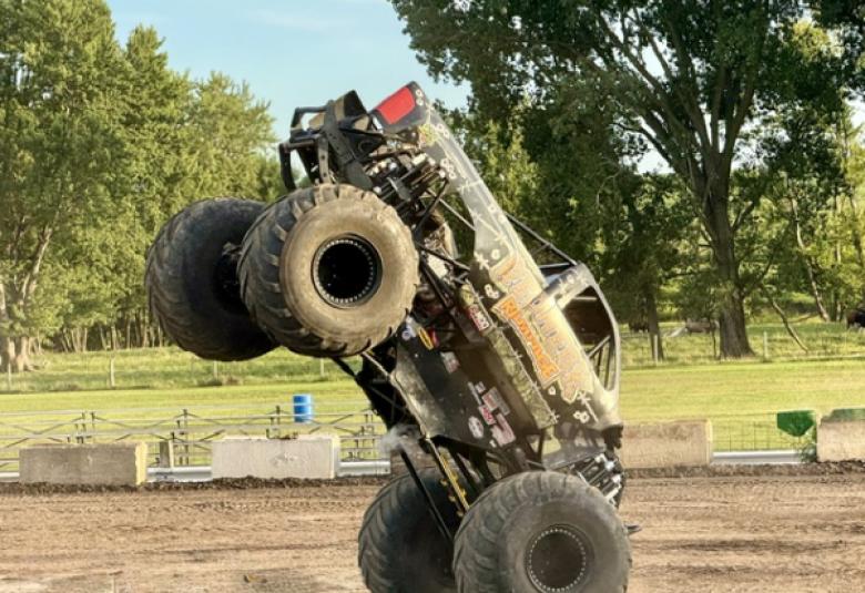 Driver Rod Schmidt of Charles City shows off during the skills competition last Friday night