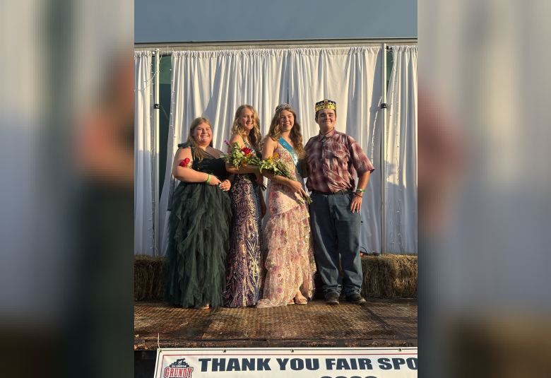 2026 Fair Royalty: (from left to right) Ainsley Scott -2nd Runner Up, Makenna Steinmeyer- Runner Up, Josie Shylman- Grundy County Fair Queen, Peter O'Donnell- Grundy County Fair King.